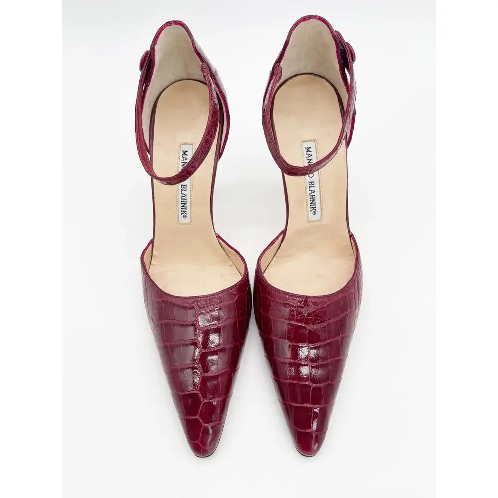 Manolo Blahnik Vintage Burgundy Exotic Alligator Leather Ankle Strap Heels IT 40